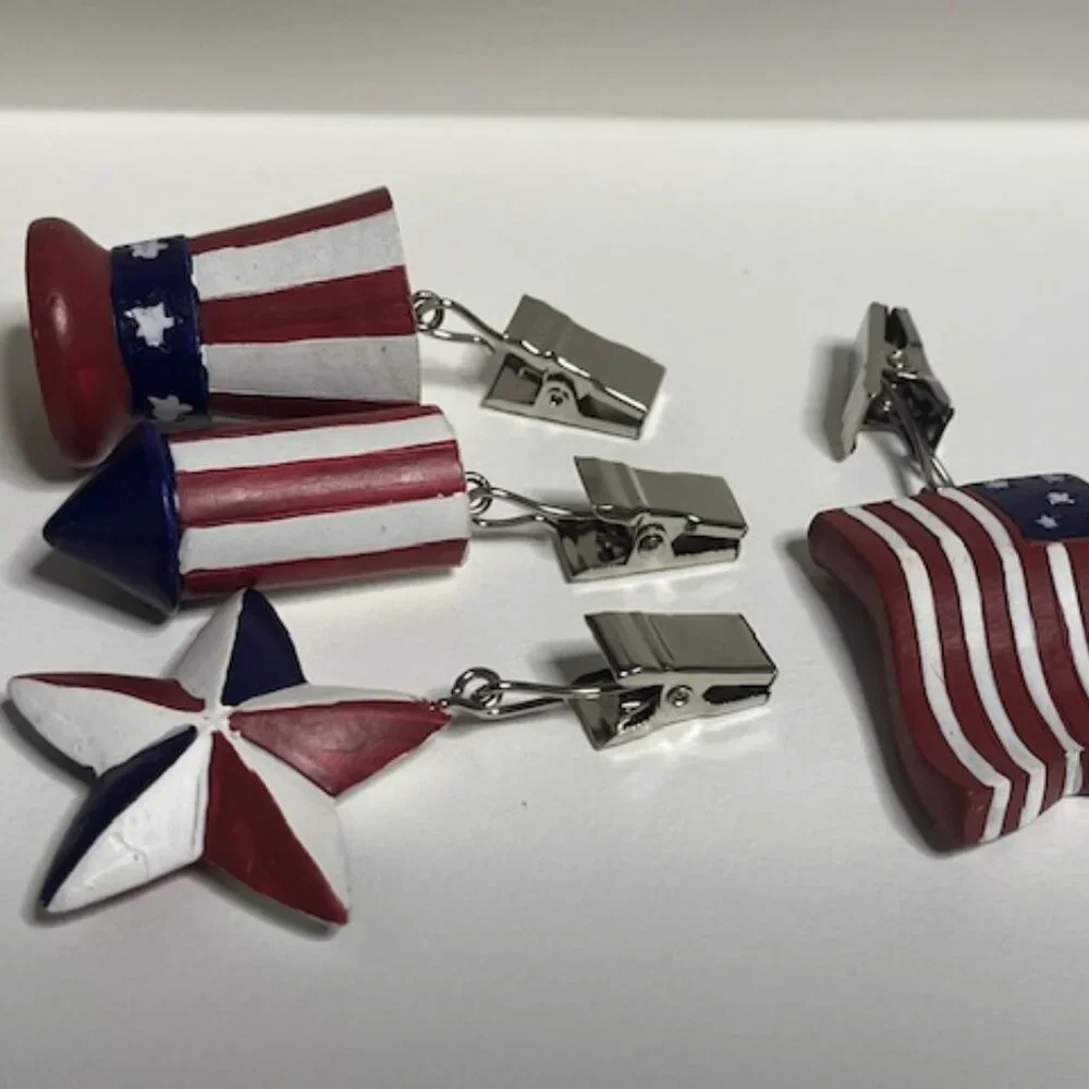 Patriotic American Tablecloth Weights Clips Set 4 Flag Hat Star Firework 1.5